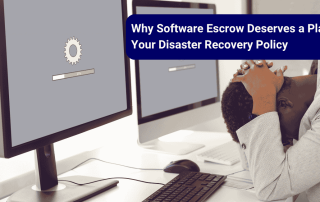 The image shows a man in disaster recovery situation at work contemplating software escrow
